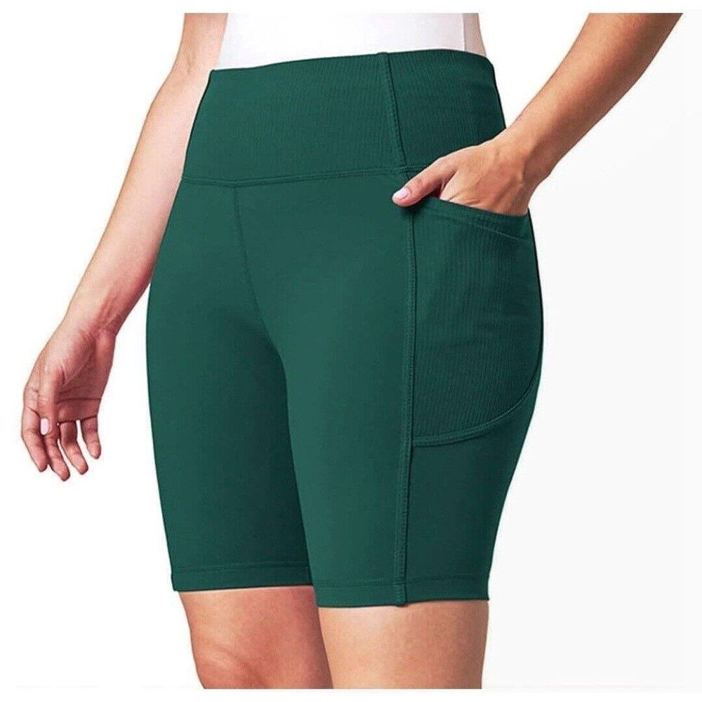 Mondetta Hi Waist 8" Women's Compressive Bike Shorts Ribbed Pockets Green Size M